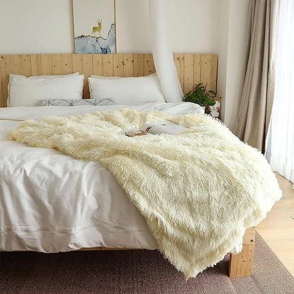 Tuddrom Decorative Extra Soft Faux Fur Blanket Twin Size 70" x 78",Solid Reversible Fuzzy Long Hair Shaggy Fluffy Cozy Plush Fleece Comfy Microfiber Blanket for Couch Sofa Bed,Light Yellow