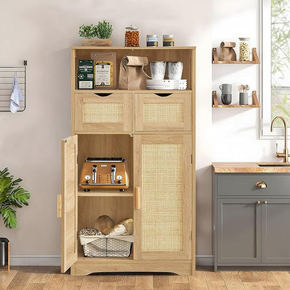 Iwell Storage Cabinet with 2 Drawers & Adjustable Shelves, Rattan Cabinet, Kitchen Pantry Cabinets, Cupboard for Living Room, Kitchen, Home Office, Natural