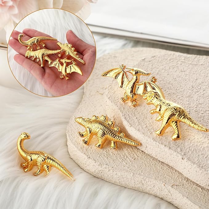 8 Pack Metal Dinosaur Knobs for Kids Furniture - 5 Dino Mix Gold Finish Drawer Pulls & Cabinet Handles, Scratch-Resistant (Assorted Styles)