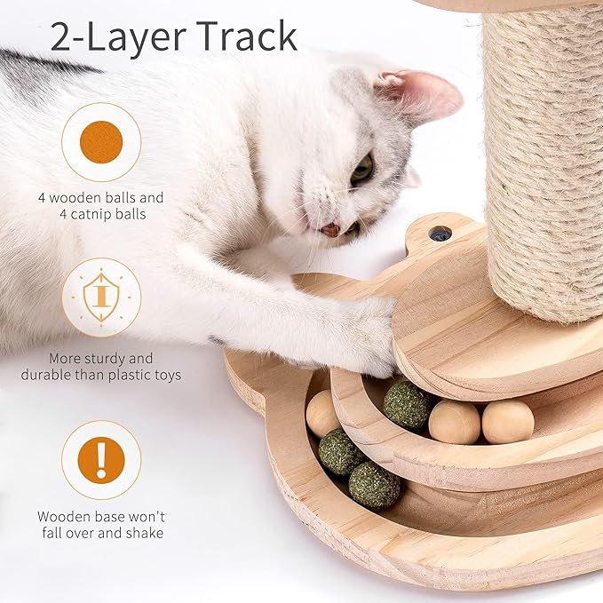 MEWOOFUN Cat Toy 2-Layer Turntable Cat Ball Toy with Feather,Kitten Toys Interactive Cat Toy with Eight Interactive Balls and Two Sisal Dangling Balls (Large)-Mewly Pet