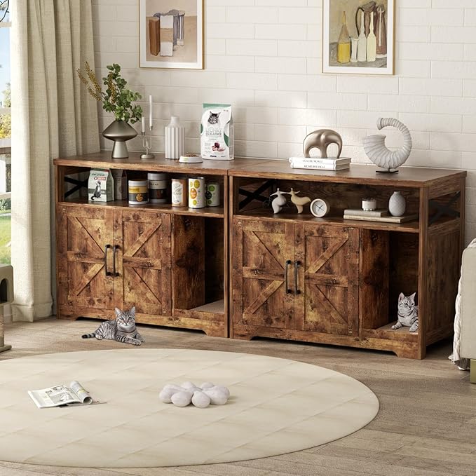 Cat Litter Box Enclosure, Hidden Litter Box Furniture with Scratch Pad, Farmhouse Indoor Cat House Washroom End Table, Rustic Brown-Mewly Pet