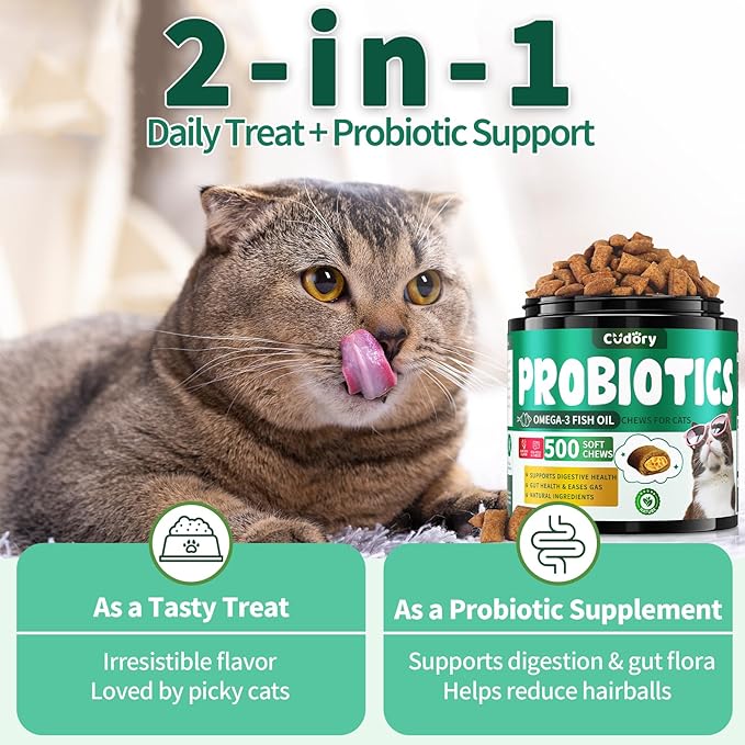 Cat Probiotics Tasty Chews for Digestive & Gut Support - Crunchy & Creamy Texture - Cat Gut Health, Constipation Relief, Healthy Stool, Natural Supplement for Cats, Chicken Flavor - 500 Chews-Mewly Pet