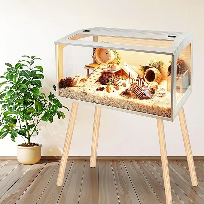 Prolee Hamster Cage Wooden Chew Proof, Extra Large Mice and Rat Habitat Openable Top with Acrylic Sheets Solid Built Small Animal Cage with Leg Stands, 40 Inch Long-Mewly Pet