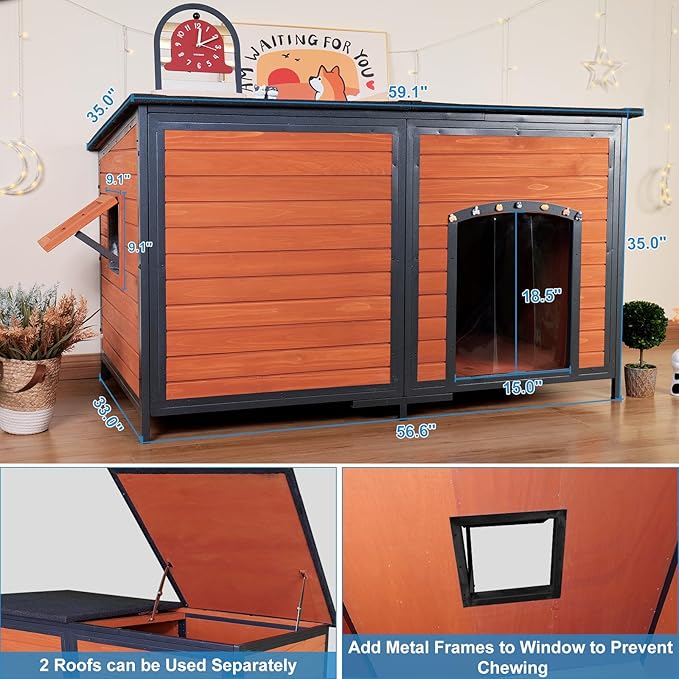 Extra Large Dog House Outdoor 59.1" L Outside Insulated Dog Kennel Weatherproof Winter, 6 Sides All-Round Foam for Small Medium Large Extra Large Dogs, Strong Metal Chew Proof Frame Window-Mewly Pet