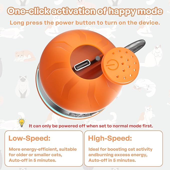 Interactive Cat Toys for Indoor Cats with 3 Mouse Tails,Electric Cat Ball Toy with Bird Chirping Sounds,Automatic Spinning Moving,300mAh Long Endurance Type-C Rechargeable,Pet Cat Supplies(Orange)-Mewly Pet
