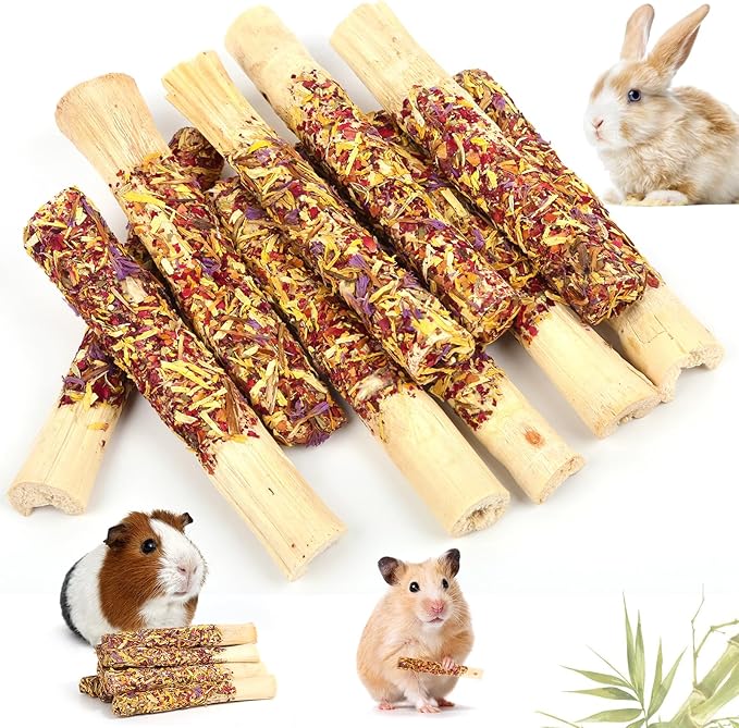 Abizoo Natural Rabbit Chew Toys,10 Sticks Sweet Bamboo Sticks for Rabbits with Petals,Bunny Chew Toys for Guinea Pig,Chinchilla,Hamster Treats Pet Wood Chews Snack Healthy Small Animals Toys for Teeth-Mewly Pet