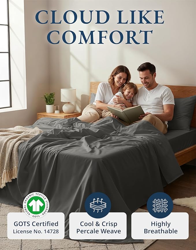 LANE LINEN Sustainably Produced 100% Organic Cotton Queen Size Bed Sheets, Soft & Comfy Naturally Cooling Percale Cotton Sheets, Low Pill Fade Resistant 15" Deep Pocket Queen Sheets– Charcoal