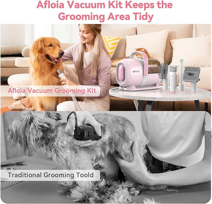 Afloia 6-in-1 Dog Grooming Kit, Pet Grooming Vacuum for Shedding, Dog Hair Vacuum with Clipper Nail Trimmer Grinder, Pet Brush Groomer at Home, Low Noise Cats Hair Remover, 1.5L Dust Cup, Pink-Mewly Pet
