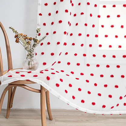 MYSKY HOME 95 Inch Long Christmas Curtains for Living Room Sliding Door Red Pom Pom White Shher Curtains for Bedroom Large Window Panels Dining Room Rod Pocket Privacy Protect 2 Sets 52" x 95"