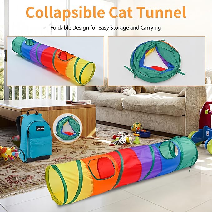 iCAGY Cat Tunnel for Indoor Cats Interactive, Rabbit Tunnel Toys, Pet Toys Play Tunnels for Cats Kittens Rabbits Puppies Crinkle Pop Up Rainbow 45"-Mewly Pet