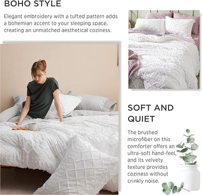 Bedsure Queen Comforter Set - White Comforter, Boho Tufted Shabby Chic Bedding Comforter Set for Kids, 3 Pieces Vintage Farmhouse Bed Set for All Seasons, Fluffy Soft Bedding Set with 2 Pillow Shams