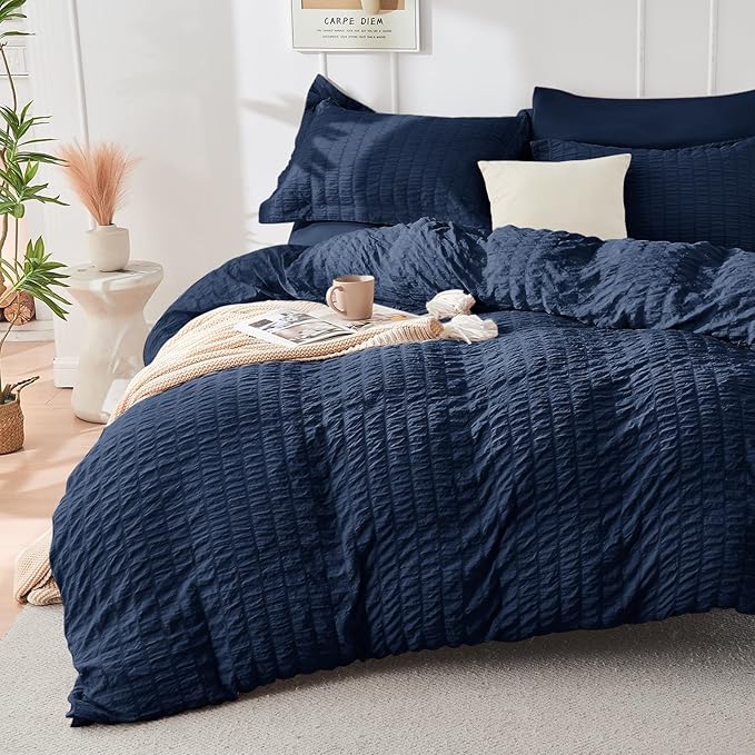 HYMOKEGE Navy Blue Oversized Queen Comforter Set Seersucker 7 Pieces, All Season Luxury Bed in a Bag for Bedroom, Bedding Set with Comforter, Sheets, Pillowcases & Shams
