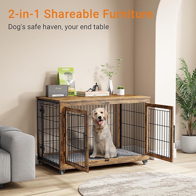 Lulive Dog Crate Furniture, XL Wooden Dog Kennel Indoor Double Doors Dog Cage, 44'' Heavy Duty Dog Crate with Cushion & Wheels, Decorative End Table Pet House Chew-Resistant for Large Dogs, Brown-Mewly Pet