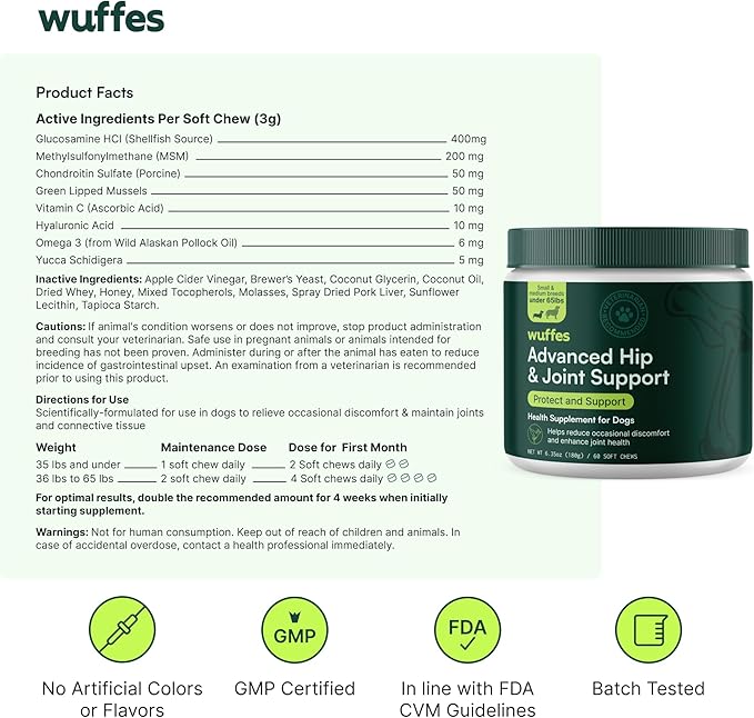 Wuffes Advanced Dog Hip and Joint Supplement with Glucosamine, Chondroitin, Omega 3, MSM, and Green Lipped Mussel, 120 Pork Flavored Chews for Small Dog Breeds-Mewly Pet