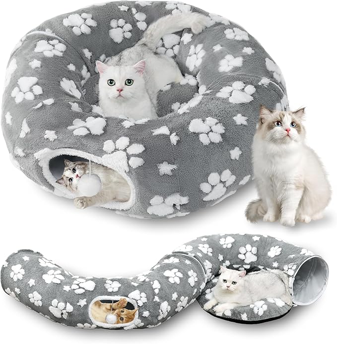 Cat Tunnel for Indoor Cats, Cute Peekaboo Cave with Dangling Balls, Pet Donut Tunnel Bed with Circle Mat for Puppy Kitten Rabbit, Grey-Mewly Pet