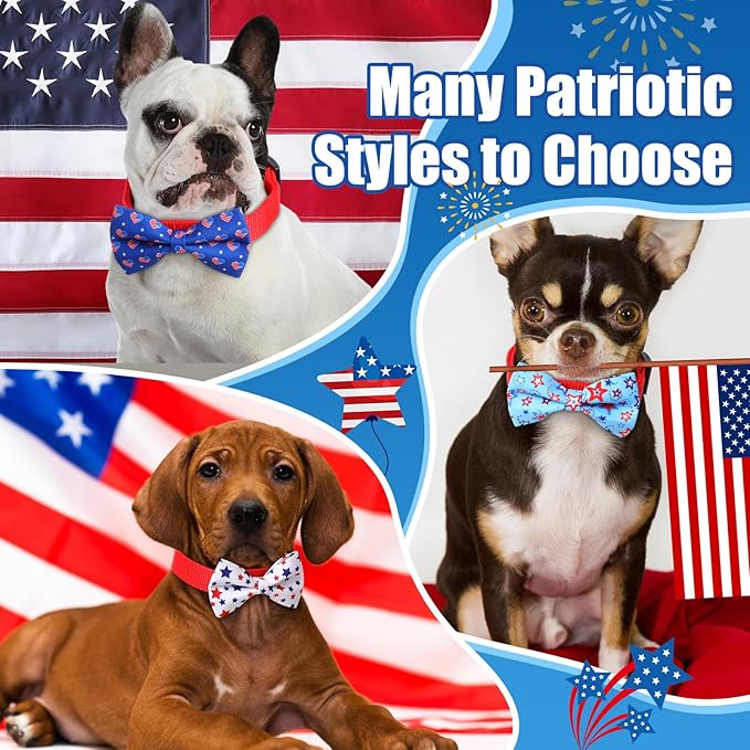 Hillban 50 Pcs Patriotic Collar Dog Bow Ties Blue and Red Star Print Dog Collar Accessories Bow Ties Attachment with Elastic Bands Detachable Charms for Pets Collar 4 of July Costume-Mewly Pet