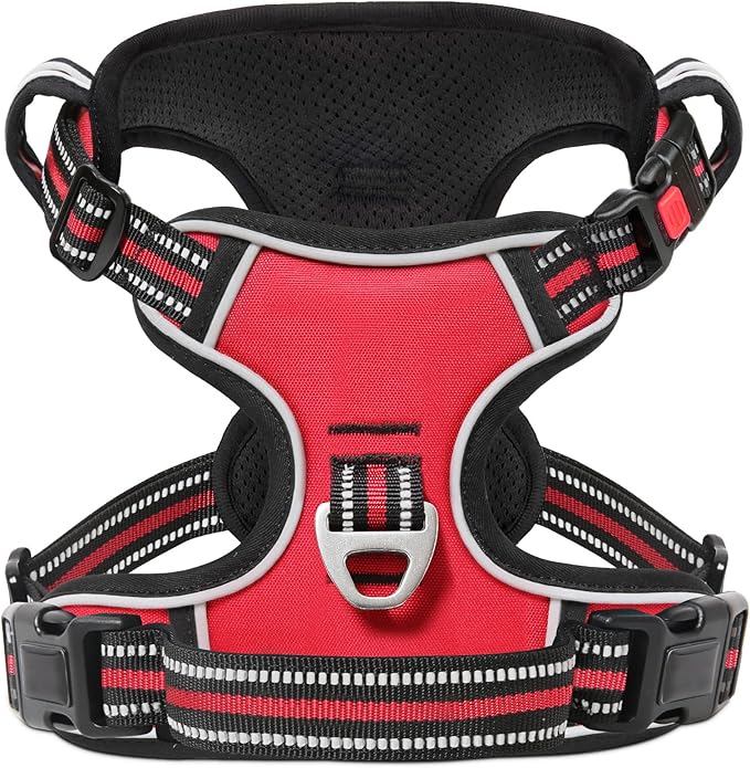 Timos Dog Harness Medium Sized, No Pull with Neck Lockable Snap,No Choke Front Clip Dog Reflective Harness,Adjustable Metal Rings 3 Buckles,Easy Control Handle for Medium Dogs Red M-Mewly Pet