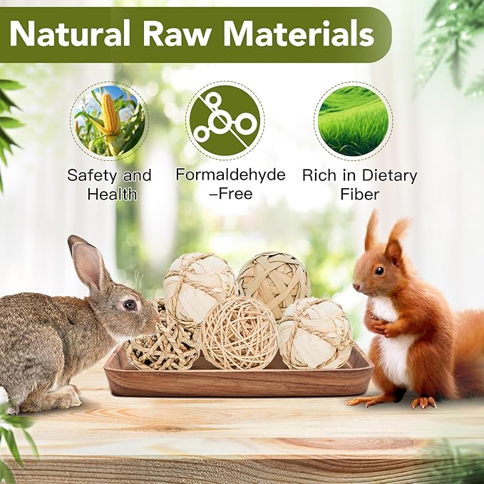 8 Pack Small Pet Chew Toys - 7cm Natural Woven Balls for Rabbits, Guinea Pigs, Hamsters (2 Seagrass, 2 Rattan, 2 Corn Husk, 2 Seaweed Rope) - Safe Dental Grinding Toys-Mewly Pet