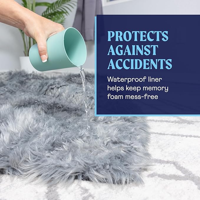 PupRug Orthopedic Dog Bed for Large Dogs with Fluffy Soft Faux Fur and Memory Foam for Joint Pain Relief, Machine Washable and Waterproof Couch Bed, White with Brown Accents, Medium-Mewly Pet