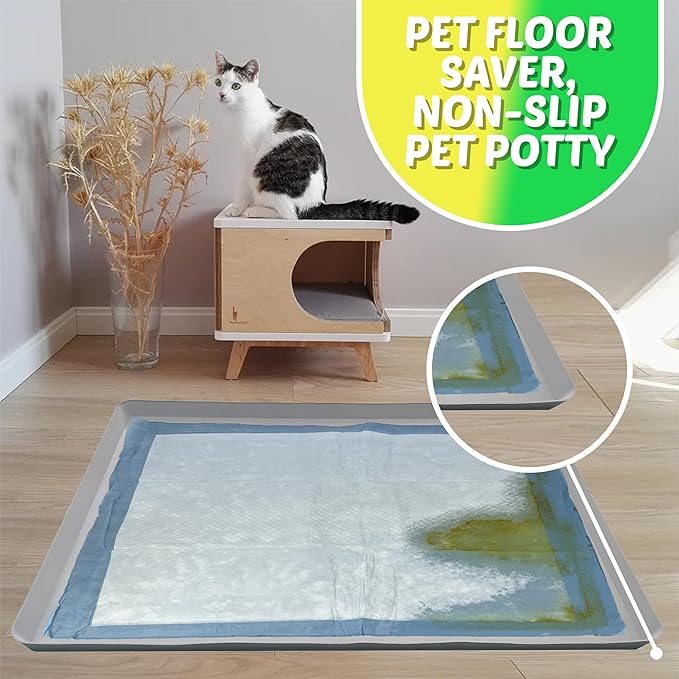 TidyFriend Dog Pee Pad Holder Tray Fits for 27.5” x 44” Wee Wee Pee Pads - Stable Grip, Raised Edges, Quick-Wipe Silicone Surface Dog Potty Tray Holder for Indoor Flooring Protection (Light Grey)-Mewly Pet