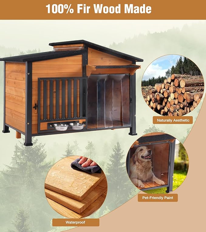 GUTINNEEN Heated Dog House Outdoor with Electric Heating Pad, Insulated Wooden Dog Kennel with 360° Rotating Feeding Bowl, Anti-Chewing Metal Frame, Natural Wood Color-Mewly Pet