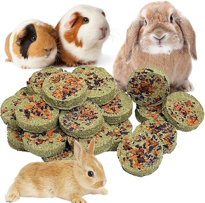 Fhiny 24 PCS Rabbit Chew Toys, Natural Timothy Hay Carrot Pumpkin Purple Potato Biscuit Cubes Bunny Chew Treats for Teeth Care Small Animals Molar Snacks for Hamster Guinea Pig Chinchilla Rat-Mewly Pet