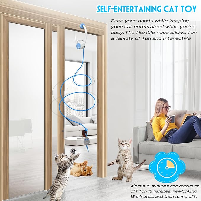 Cat Toy Interactive for Indoor Cats, Smart USB Rechargeable Door Hanging Automatic Retractable Kitten Toys, Teaser Electronic Self Play Feather Cat String Toy Attached with 3 Catnip Mice White-Mewly Pet
