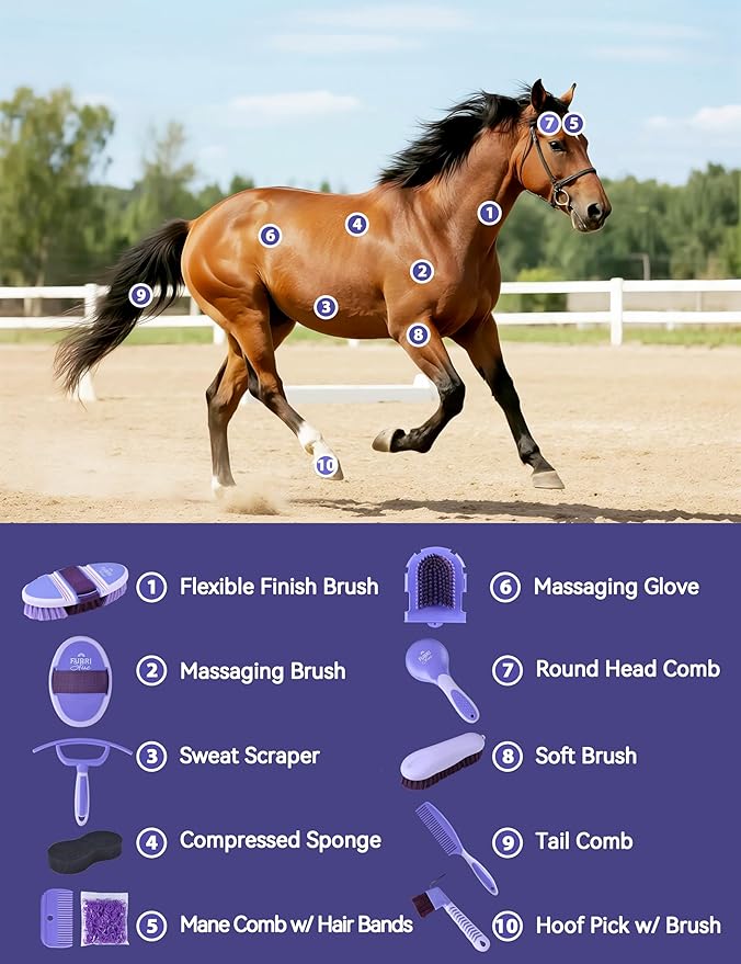 11PCS Horse Grooming Kit Curry Comb Sweat Scraper Horse Bathing Supplies Grooming Tools with Storage Bag Sugar Taro-Mewly Pet