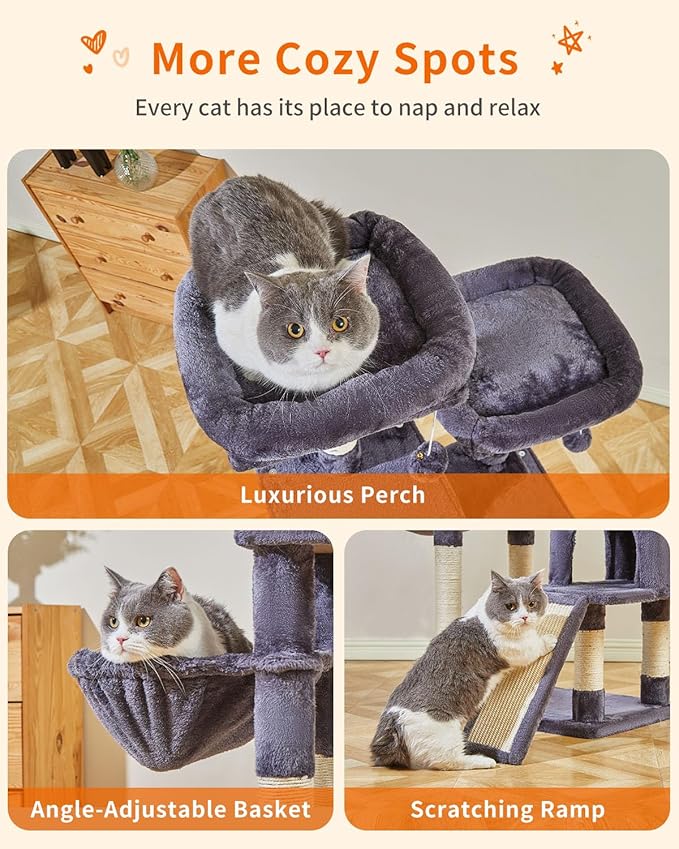 Taoqimiao 56.3-Inch Cat Tree, Cat Tower with Scratching Posts, Cat Tree House for Indoor Cats with hammocks, Toys, Condo and Large Scratch Board, Smoky Gray MS012G-Mewly Pet