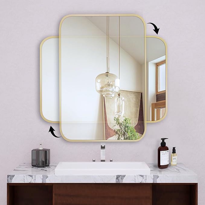 18"x24" Brushed French Gold Mirror for Wall, Bright Gold Rounded Rectangle Mirror with Metal Frame Hanging for Bathroom Entryway Vanity,Living Room,Bedroom,Vertical or Horizontal