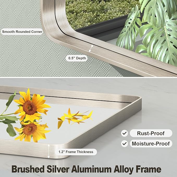 55x30 Inch Brushed Nickel Bathroom Mirror, Large Brushed Silver Metal Framed Wall Mirror, Rounded Corner Rectangle Modern Vanity Mirror, Tempered Glass, Anti-Rust, Shatterproof (Horizontal/Vertical)