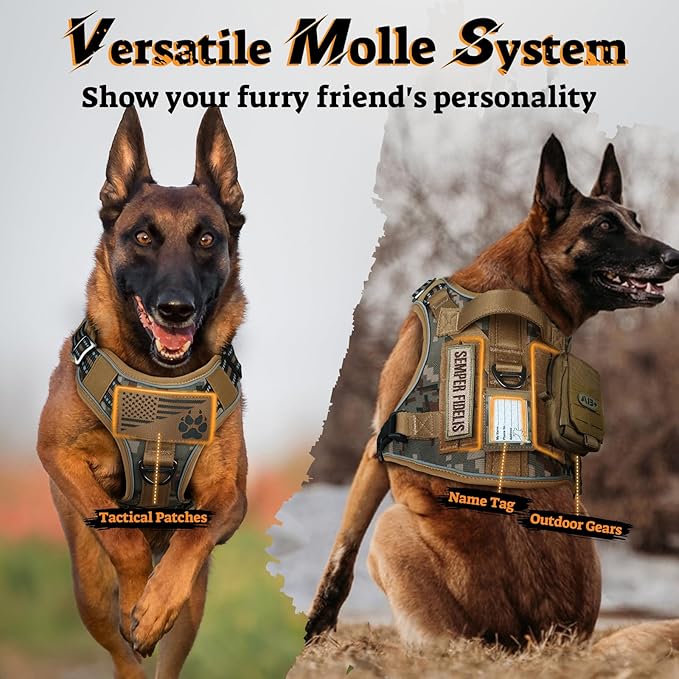 rabbitgoo Dog Harness for Large Dogs No Pull, Tactical Service Pet Vest with Molle and Control Handle, Adjustable and Reflective Military Harness for Easy Walking and Training, Desert camo, XL-Mewly Pet