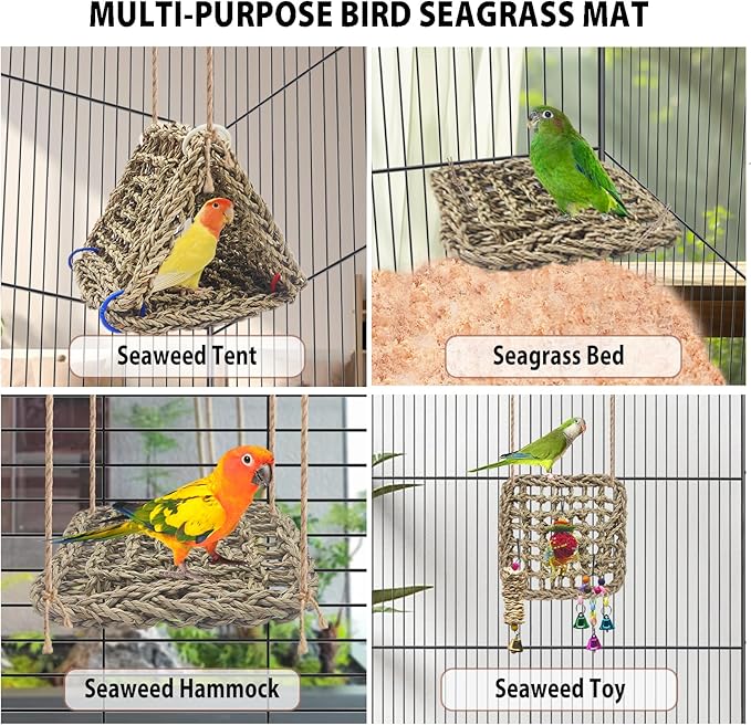 BNOSDM Bird Seagrass Mat, 3 PCS 7.1 x 7.1 Inches Parrot Natural Seagrass Woven Bird Net Hammock Mat, Parakeet Climbing Rope Ladder Chew Toys Hut Hideout for Lovebird Cockatiel Conure Budgie-Mewly Pet