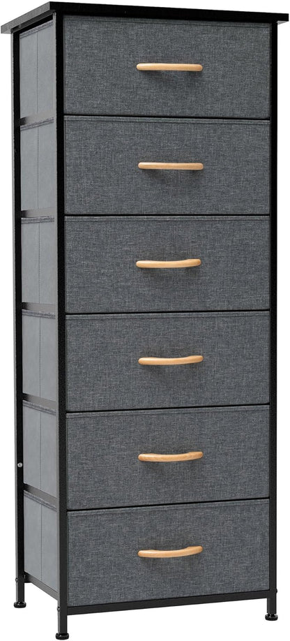 Crestlive Products Vertical Dresser Storage Tower - Sturdy Steel Frame, Wood Top, Easy Pull Fabric Bins, Handles Organizer Unit for Bedroom, Hallway, Entryway, Closets 6 Drawers (Gray)