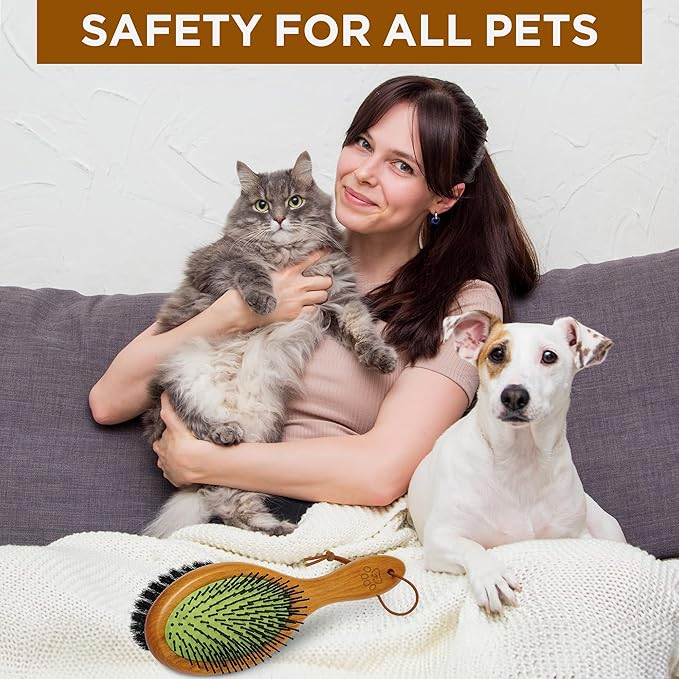 TAKAVU Pin & Bristle Pet Brush for Dogs & Cats - Double Sided Grooming Tool Detangles, Removes Loose Hair & Conditions Coat - Wood Handle-Mewly Pet