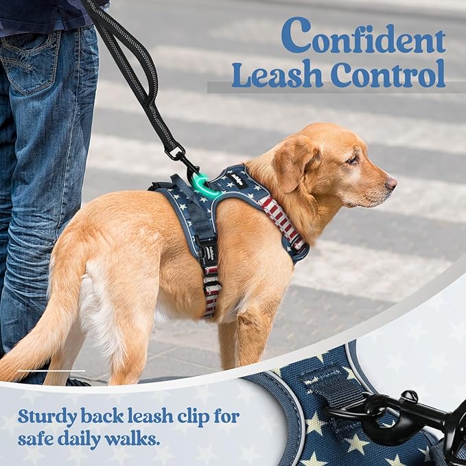 rabbitgoo Dog Harness No Pull with 2 Leash Clips, Adjustable Soft Padded, Reflective Oxford No Choke Pet Vest with Easy Control Handle for Large Dogs, Blue Star, XL-Mewly Pet