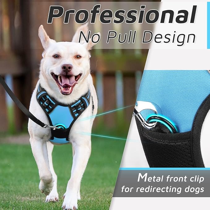 Eagloo Dog Harness Medium Sized Dog, No Pull Service Vest with Reflective Strips and Control Handle, Adjustable and Comfortable for Easy Walking, No Choke Pet Harness with 2 Metal Rings, Sky Blue, M-Mewly Pet
