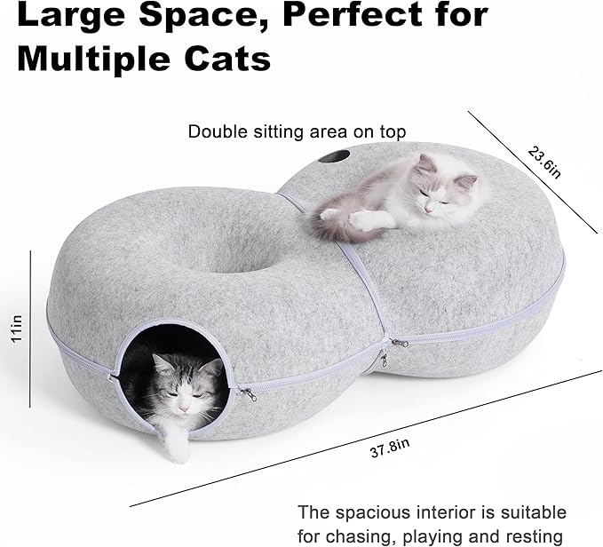 8-Shaped Large Cat Tunnel Bed for Indoor Cats, Infinite Circulation Peekaboo Cat Cave with 12 Toy Balls, Cat Donut Tunnel for Cats up to 30 Pounds (Light Grey, L 38x24x11in)-Mewly Pet