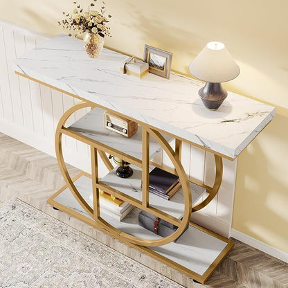 Tribesigns 41.3" Console Table, Industrial 4-Tier Sofa Entryway Table with Circle Base, Narrow Wood Accent Tables with Storage Shelves for Living Room, Hallway, Foyer, White Gold