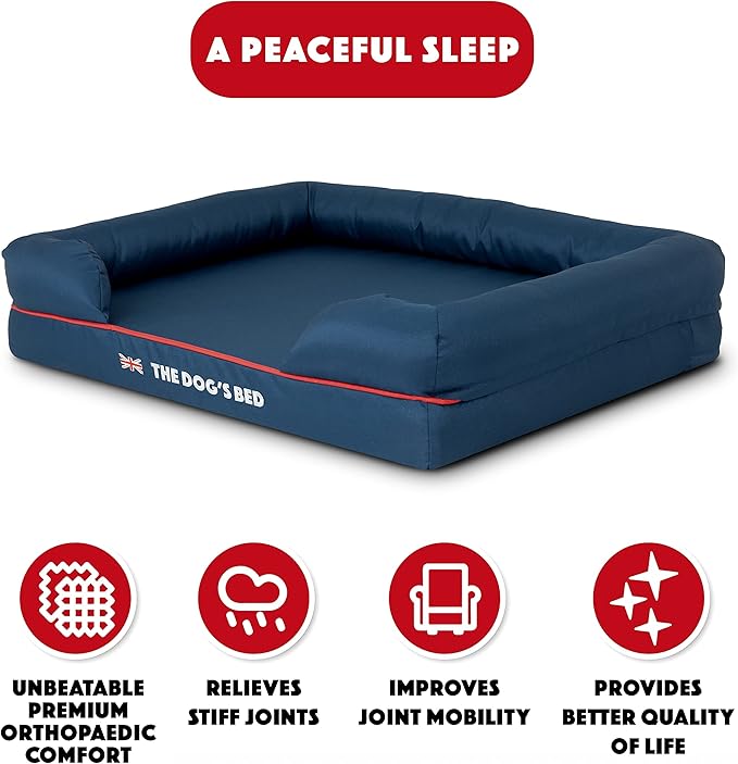 The Dog’s Bed Orthopedic Dog Bed Medium Blue Oxford with Red Trim UK Flag Dog Bed 30x23.5, Memory Foam, Pain Relief, Post Surgery, Lameness, Veterinary Approved, Waterproof Washable Cover Cover-Mewly Pet