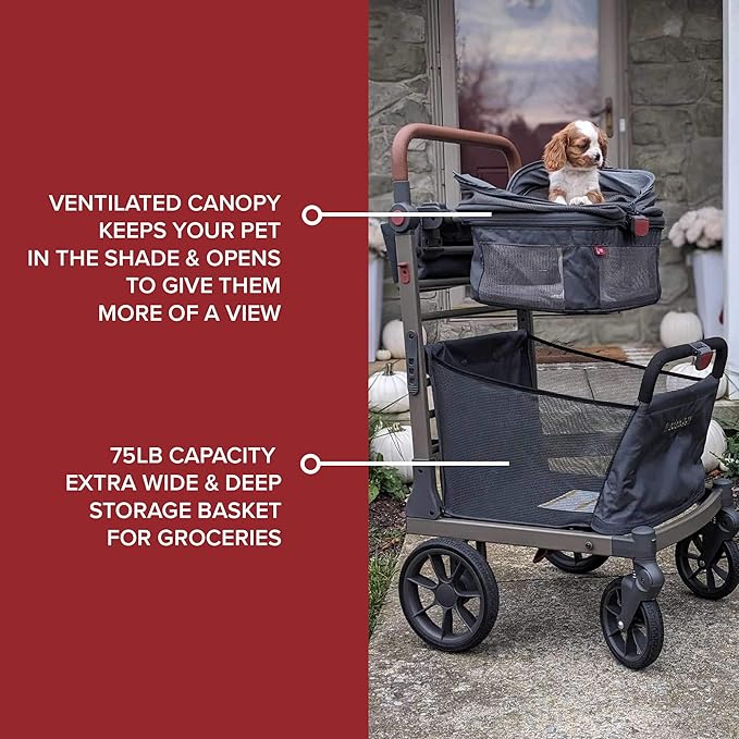 Pet Foldable Cart - Luxury Cat & Dog Stroller with Extra Large Shopping Basket, Cup Holders, & Ventilated Canopy - Easy Fold Pet Stroller for Cats & Dogs-Mewly Pet