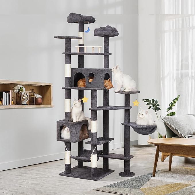 85in Giant Cat Tree for Heavy Duty Big Cats, Large Cat Trees with Scratching Post, Cat Tree Tower with Cat Condos, Hammock & Plush Perch for Maine Coon, Smoky Gray-Mewly Pet