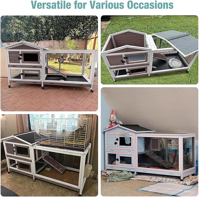 62" Rabbit Hutch with Chew-Proof Ramp & Waterproof Roof - Indoor/Outdoor Bunny Cage, 2-Story Design, 6 Lockable Caster Wheels & Dual Pull-Out Trays (Brown)-Mewly Pet