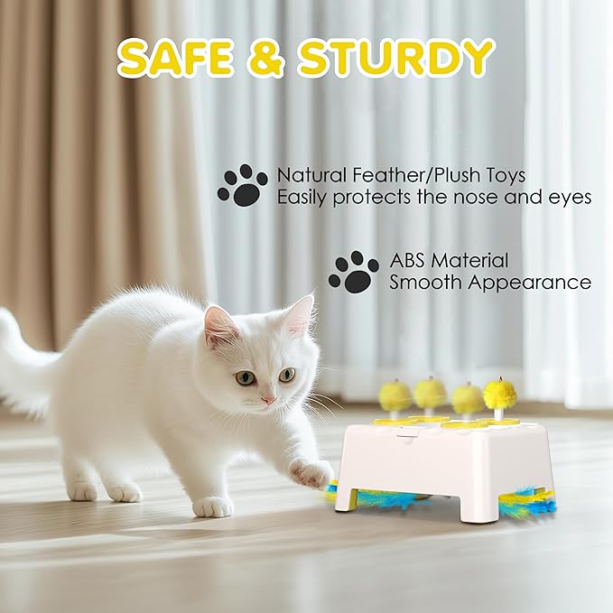Cat Toys, 2 in1 Automatic Interactive Cat Toys for Indoor Cats, 4 Holes Mice Whack a Mole Cat Mouse Toy with Moving Feather, Rechargeable USB Power Kitten Feather Toys for All Breeds (Yellow)-Mewly Pet