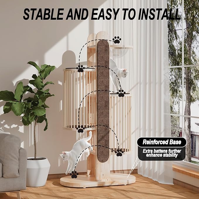 Modern Cat Tree Tower for Indoor Cats, 67" Tall Solid Wooden Cat Tower with Scratching Posts, 6 Level Natural Luxury Cat House with Big Bed, Washable Cushions Cat Furniture for Large Cats White Brown-Mewly Pet