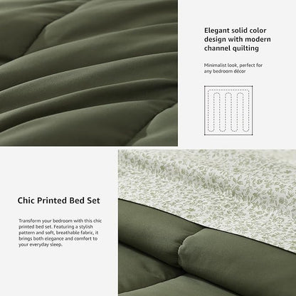 Monbix Queen Comforter Set - 7 Pieces Olive Green Bed in a Bag Queen Track Stitching Bedding Sets, All Seasons Down Alternative Comforter Bed Set with Sheets,Pillowcases & Shams