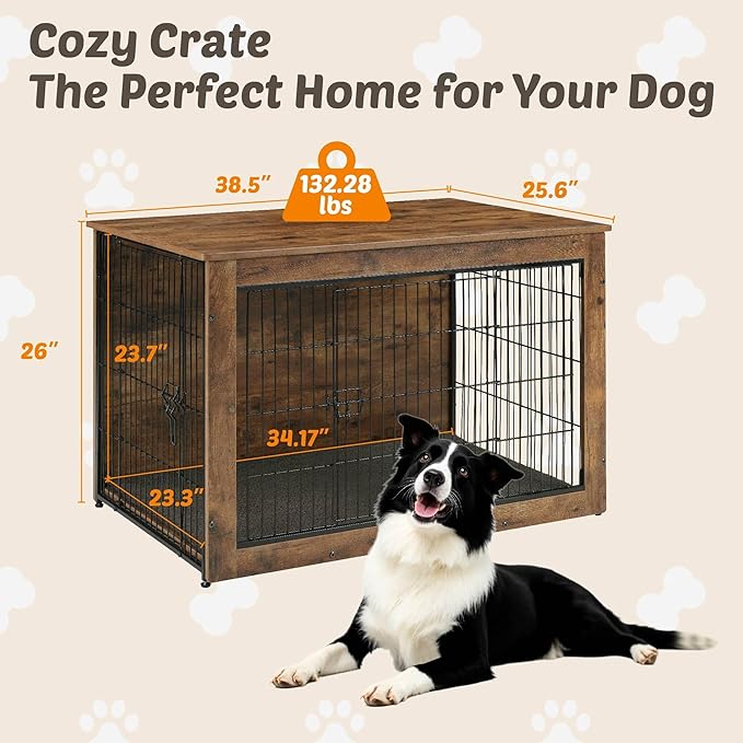 Dog Kennel Furniture, Wooden Dog Crate End Table with Dual Doors, Chew-Proof Design & Cushion, Heavy Duty Dog Crate, Decorative Pet Crate Dog Cage for Indoor (39 Inch)-Mewly Pet