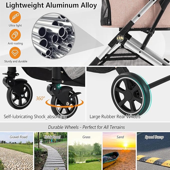 Medium Dog Stroller, Kenyone Pet Stroller for Medium Dogs Up to 55lbs, Lightweight Aluminum Frame, One Click Folding, Large Cat Stroller with No Zip Entry, Detachable Mesh, Multiple Pockets-Mewly Pet