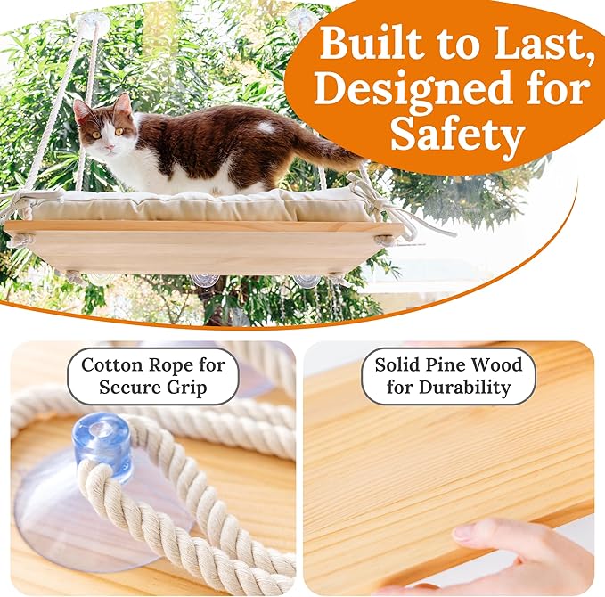 Cat Window Perch for Large Cats - Hammock Bed for Heavy Indoor Cats - Solid Wood Seat, 5 Strong Suction Cups, Soft Cushion - Rustic Shelf for Pets Inside-Mewly Pet