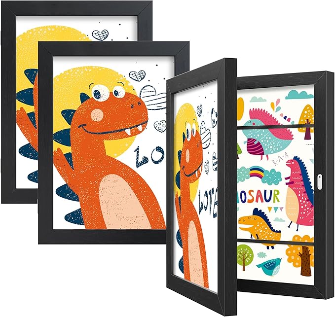 BAIJIALI Black Art Frames for Kids Artwork - Front Opening Holds 150 Drawings, 3D Crafts - 3 Packs 8.5x11 with mat or 9x12 without Mat